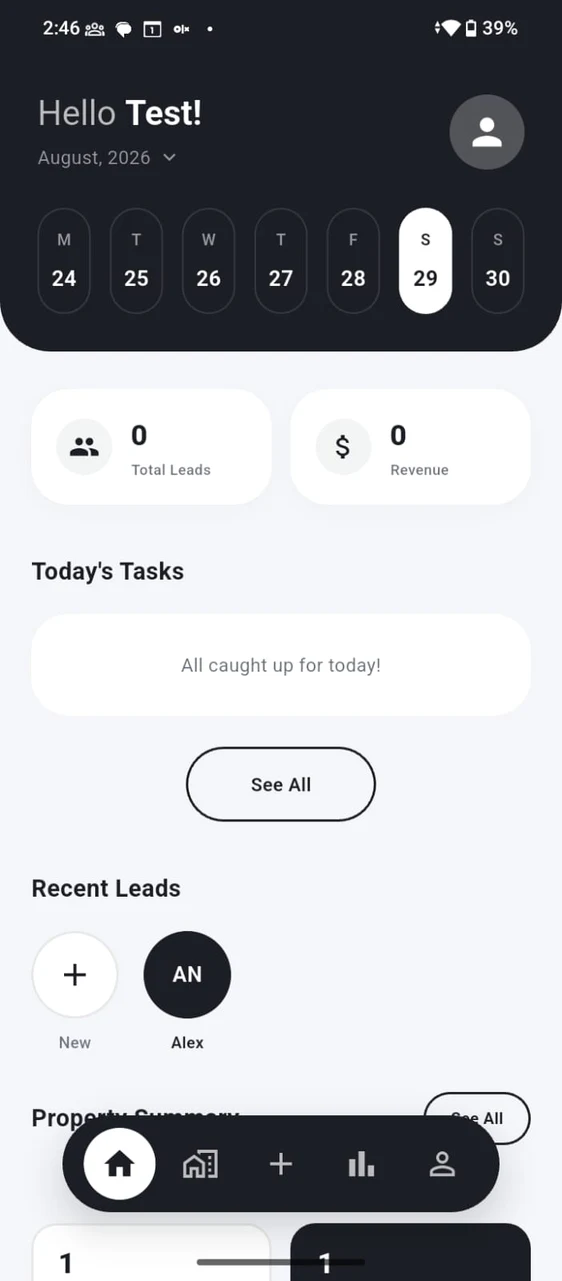 BrokrSuite app dashboard — a week calendar strip, total leads and revenue tiles, a "Today’s Tasks" list, recent leads and a property summary.